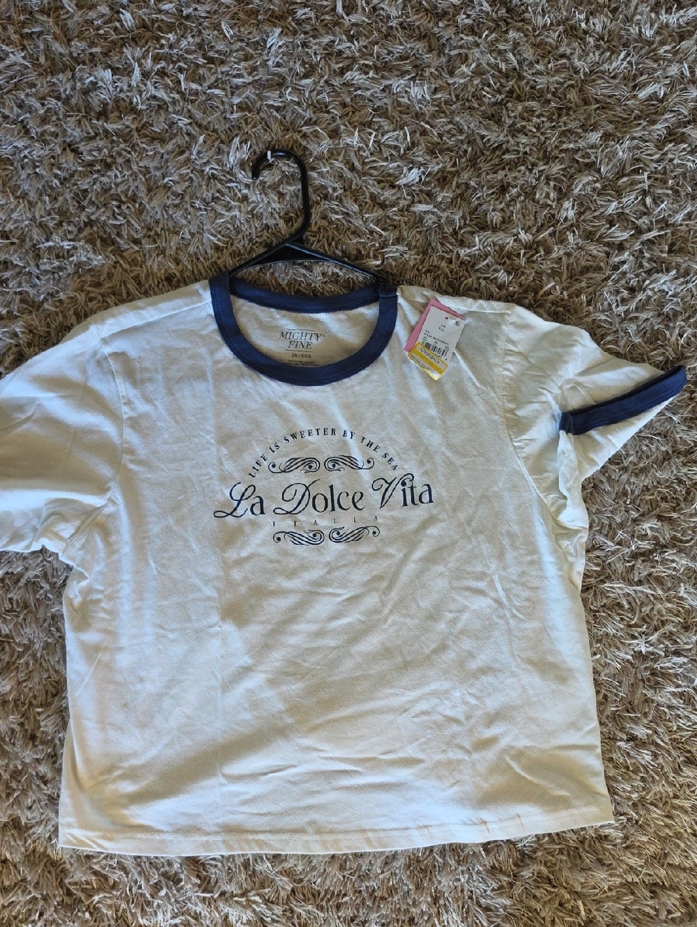 Mighty Fine White Tee with Navy Ringer Trim – La Dolce Vita Graphic